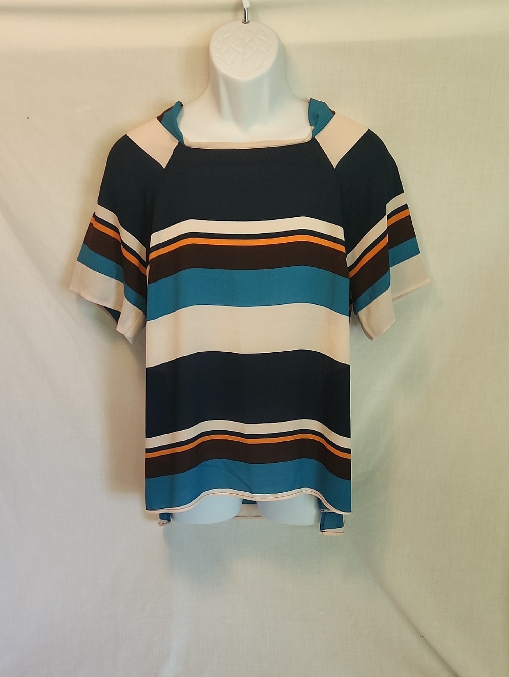 Daniel Rainn Striped Short Sleeve Square-Neck Top in Teal, Navy, Cream and Brown